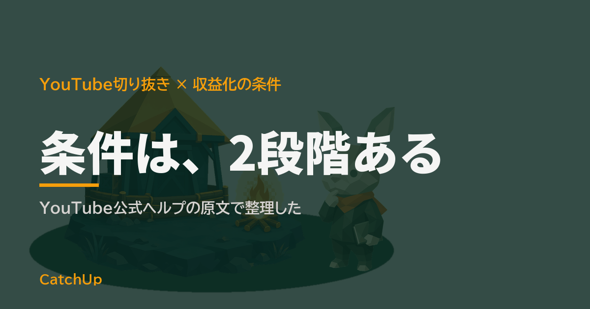 条件は、2段階ある。チャンネル登録者数と再生時間のメーターが2段の門に並ぶイラスト。YouTubeの収益化条件の2段階を表す図