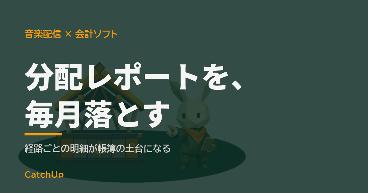 分配レポートを、毎月落とす。分配レポートと帳簿画面が並ぶノートパソコンを描いたイラスト。音楽配信の会計ソフトの選び方を表す図